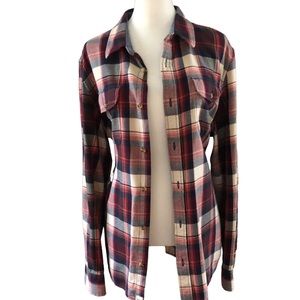 VANS OFF THE WALL Women’s Boyfriend Button Down Red Navy Cream Plaid Shirt Sz. S